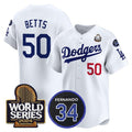 LA.Dodgers #50 Mookie Betts Player White World Series With Fernando Memorial Patch Limited Stitched Baseball Jerseys