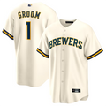 M.Brewers White #1 Groom Player Home Replica Baseball Jerseys